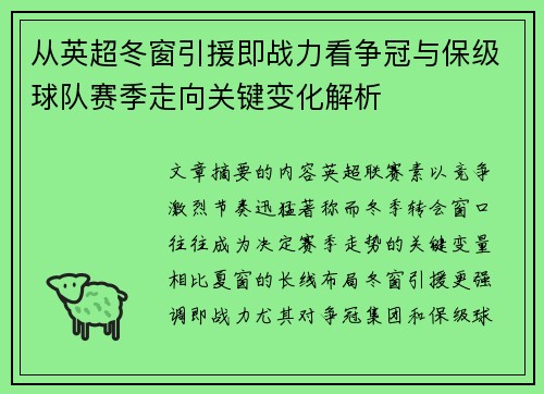 从英超冬窗引援即战力看争冠与保级球队赛季走向关键变化解析