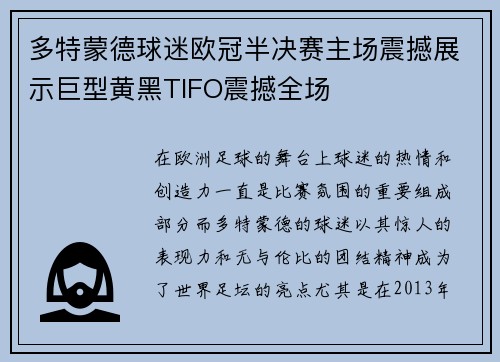 多特蒙德球迷欧冠半决赛主场震撼展示巨型黄黑TIFO震撼全场